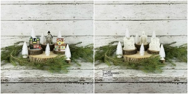 before and after painted Christmas village from the dollar tree MyRepurposedLife
