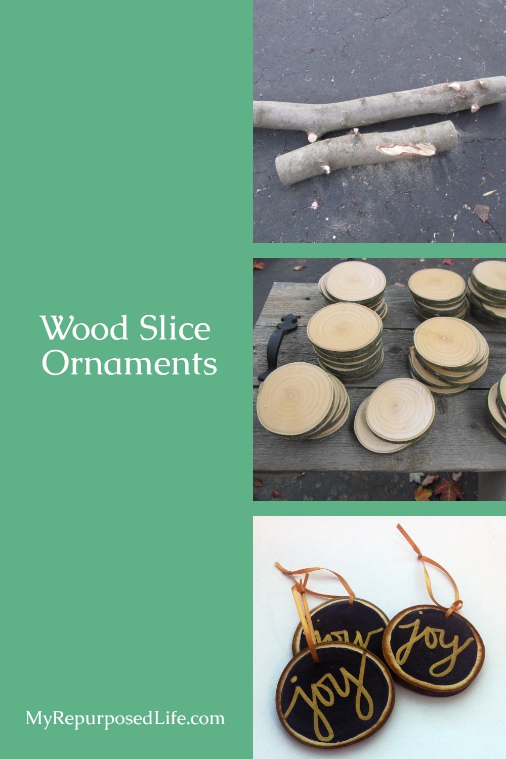 How to make customized wood slice ornaments for your friends or family this Christmas. First, you don't need a chainsaw for this project. If you buy your wood slices online, you don't even need a saw! That's right, all the information you need in one place! #MyRepurposedLife #Christmas #woodslice #ornaments #easy #diy #project via @repurposedlife