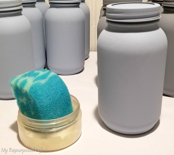 wax painted mason jar tissue holder with sponge applicator