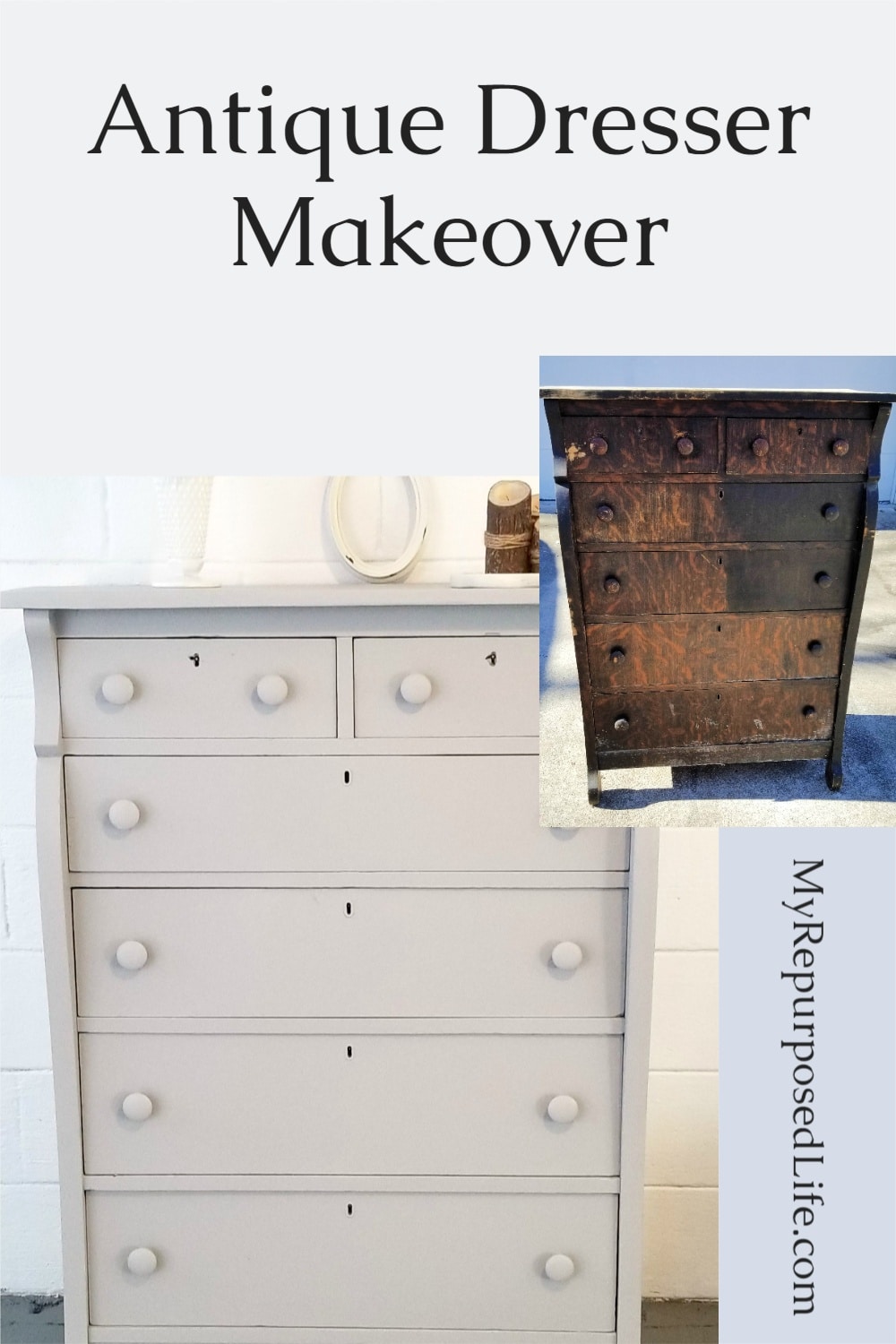 This free chest of drawers gets a new lease on life with a few repairs and some paint. Using a paint sprayer makes this a quick and easy furniture flip! #MyRepurposedLife #furniture #makeover #dresser #diy #paintsprayer #easy #project #furnitureflip via @repurposedlife