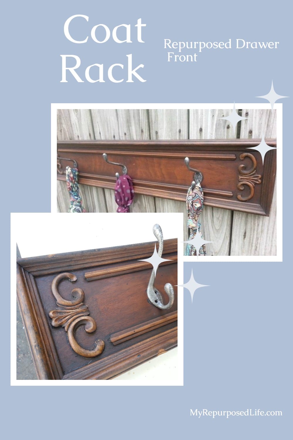 Free drawer fronts get repurposed into hook racks perfect for hats, scarves, jewelry and more. Tips on making new coat hooks look vintage to add to the appeal of the vintage drawer front. Optional--use vintage doorknobs instead of coat hooks. #MyRepurposedLife #repurposed #furniture #coatrack #hatrack #organization via @repurposedlife