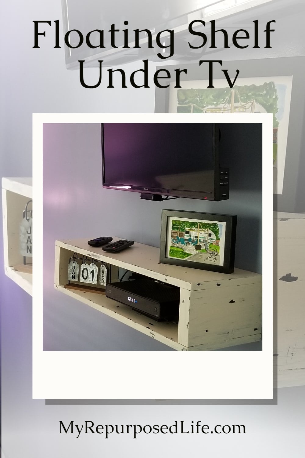 Solving the cord issue when hanging a t.v. on the wall can be quite challenging. I didn't have room for a media center, so I built a floating shelf. All directions included in this tutorial. Bonus: Fishing the wires #MyRepurposedLife #organization #letsgetorganized #bloggerchallenge via @repurposedlife