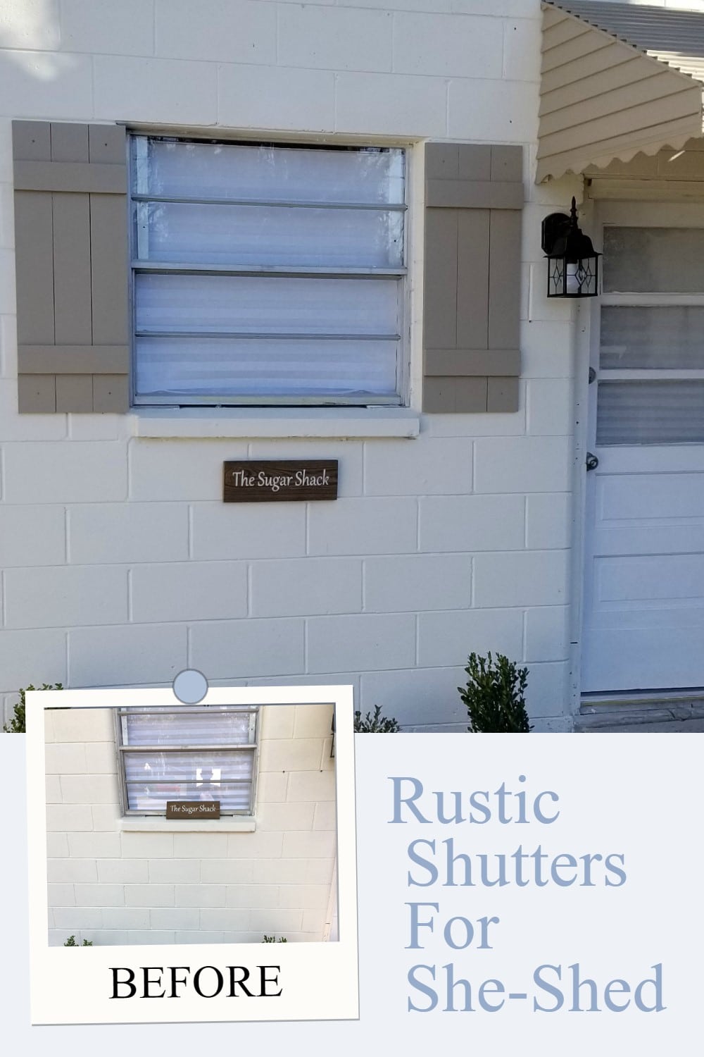 How to assemble and install faux farmhouse shutters on your outbuilding, she- shed or home. Great step by step directions on building and installing shutters in brick or stone. #myrepurposedlife #shutters #farmhouse #diy #sheshed #outbuilding via @repurposedlife
