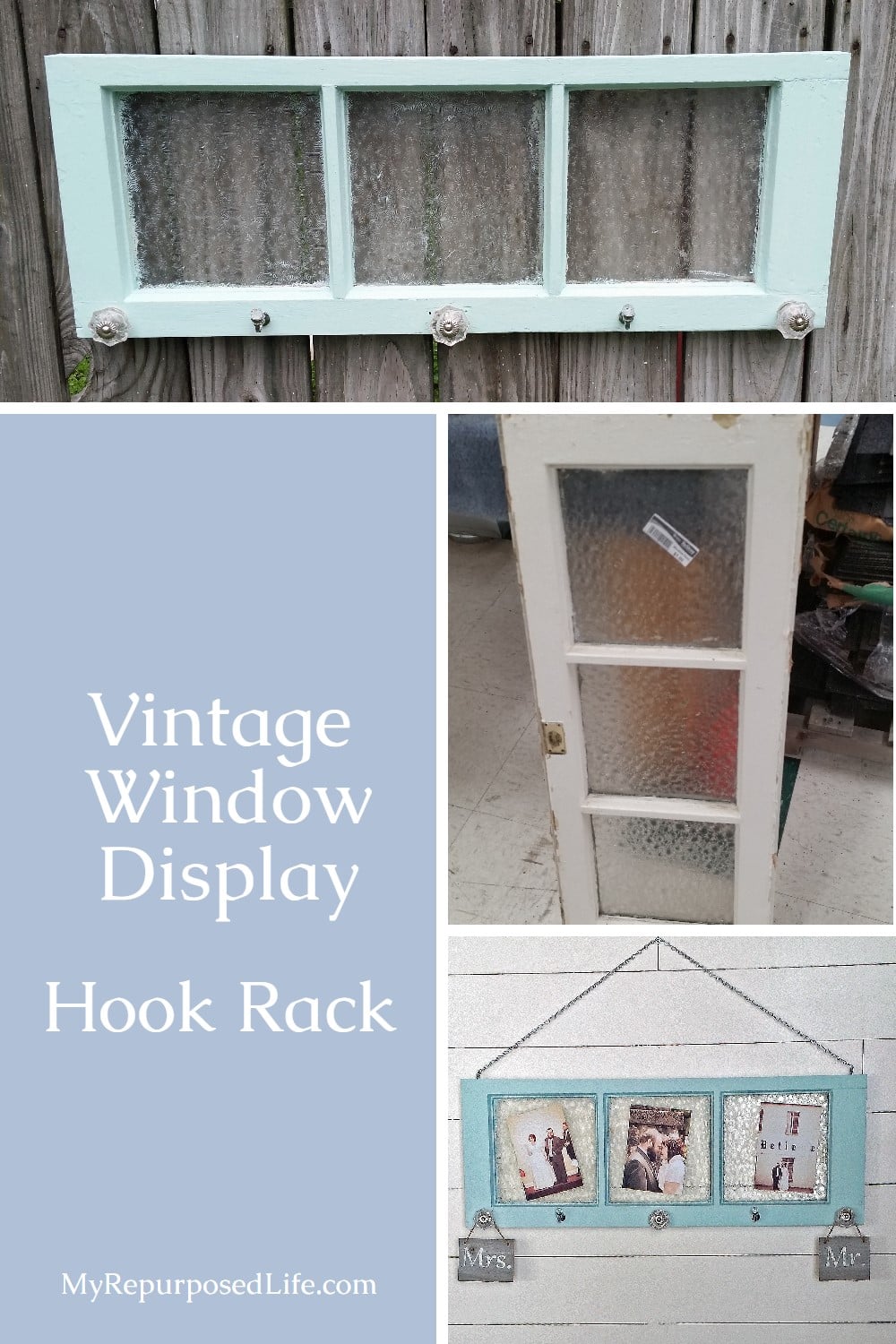 How to turn a vintage frosted bathroom window into a unique and handy coat rack and more. Display photos on the glass and use the hooks for hanging scarves, jewelry and more. #MyRepurposedLife #upcycle #window #wedding #jewelry #scarf #organization via @repurposedlife