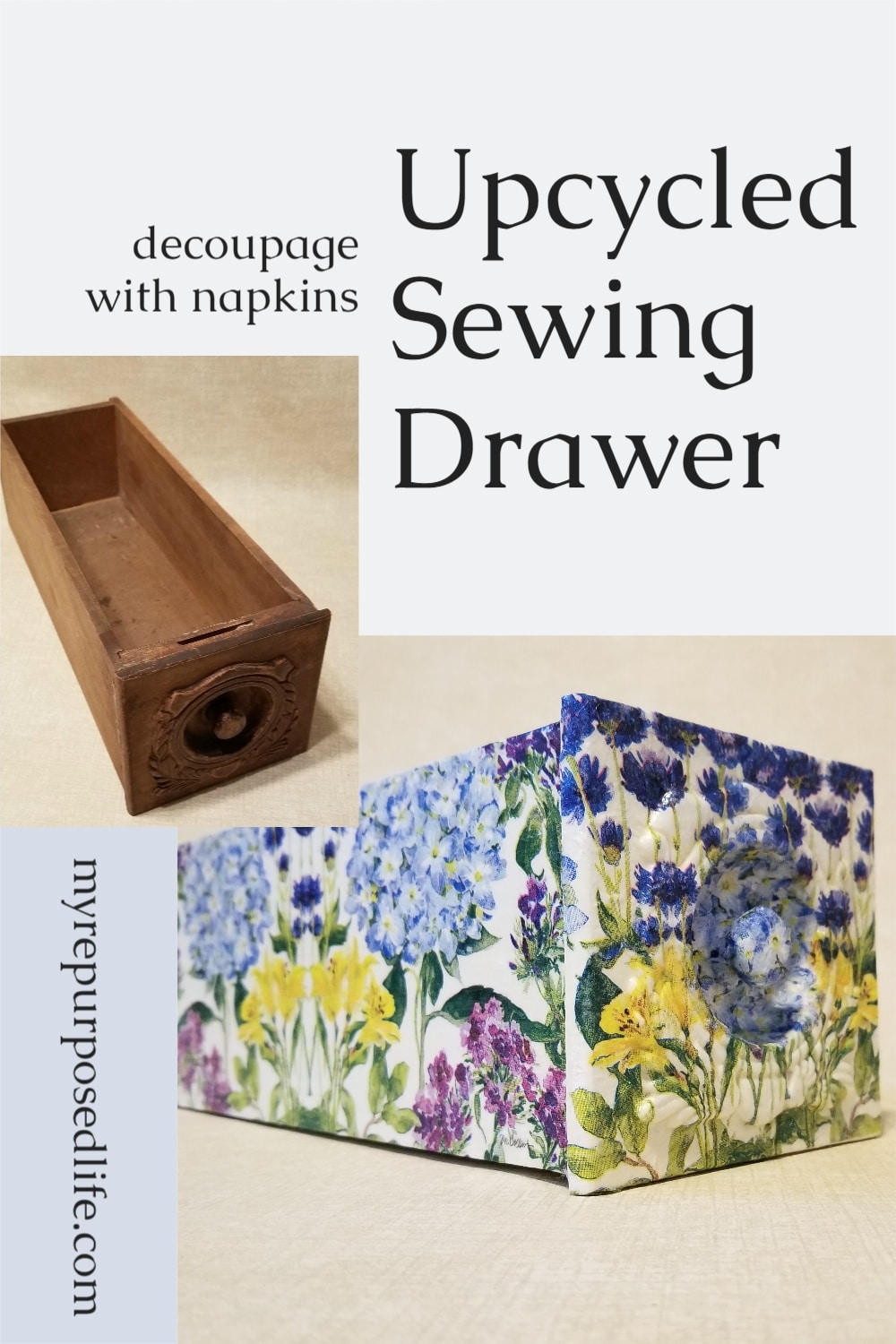 How to decoupage a vintage sewing drawer using hydrangea napkins. Step by step instructions with lots of tips to make your project quick and easy! #MyRepurposedLife #repurposed #decoupage #vintage #sewing #drawer #decoupagewithnapkins via @repurposedlife