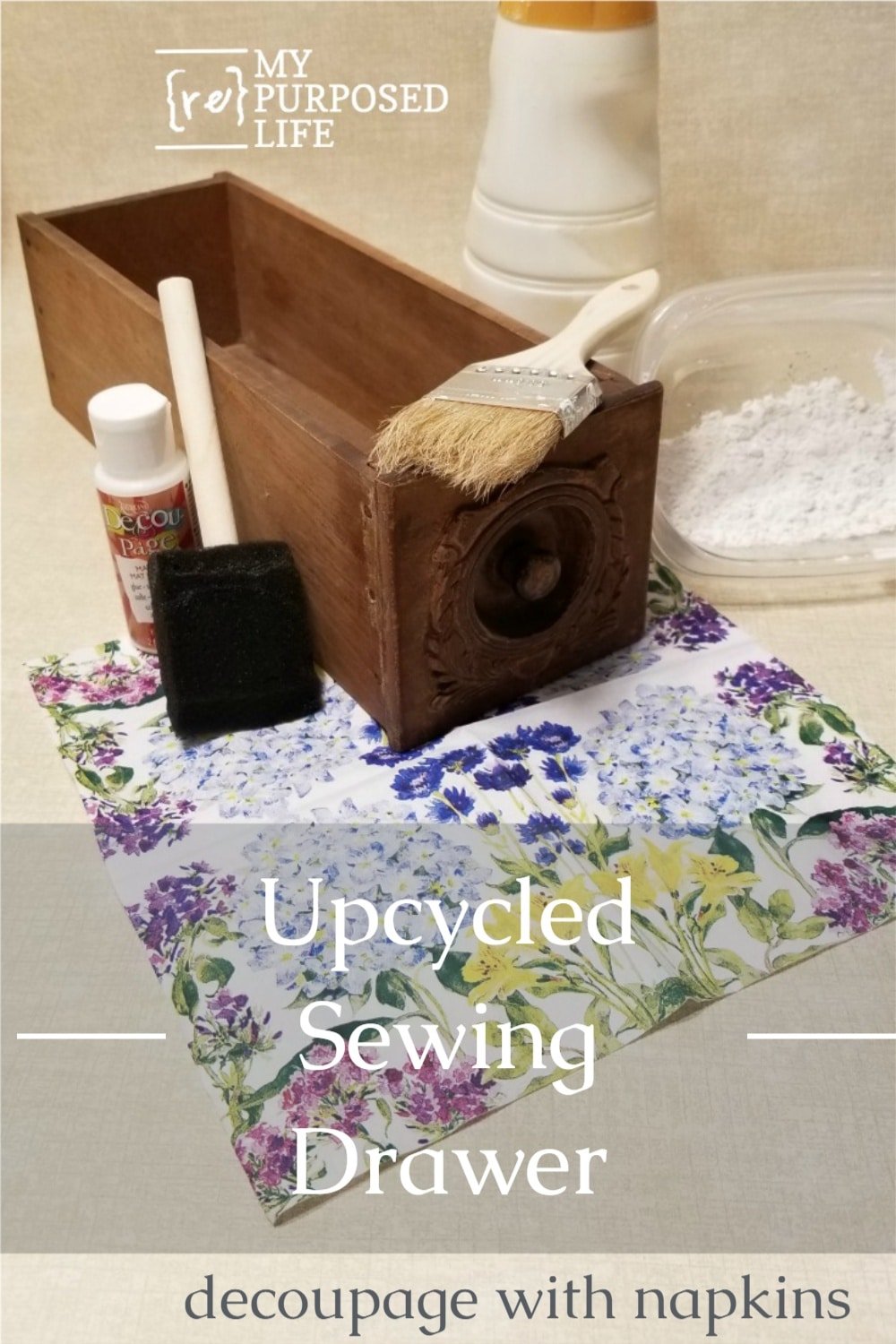 How to decoupage a vintage sewing drawer using hydrangea napkins. Step by step instructions with lots of tips to make your project quick and easy! #MyRepurposedLife #repurposed #decoupage #vintage #sewing #drawer #decoupagewithnapkins via @repurposedlife