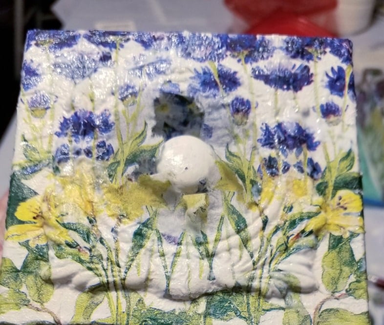 front of sewing drawer with hydrangea napkin and wet glue