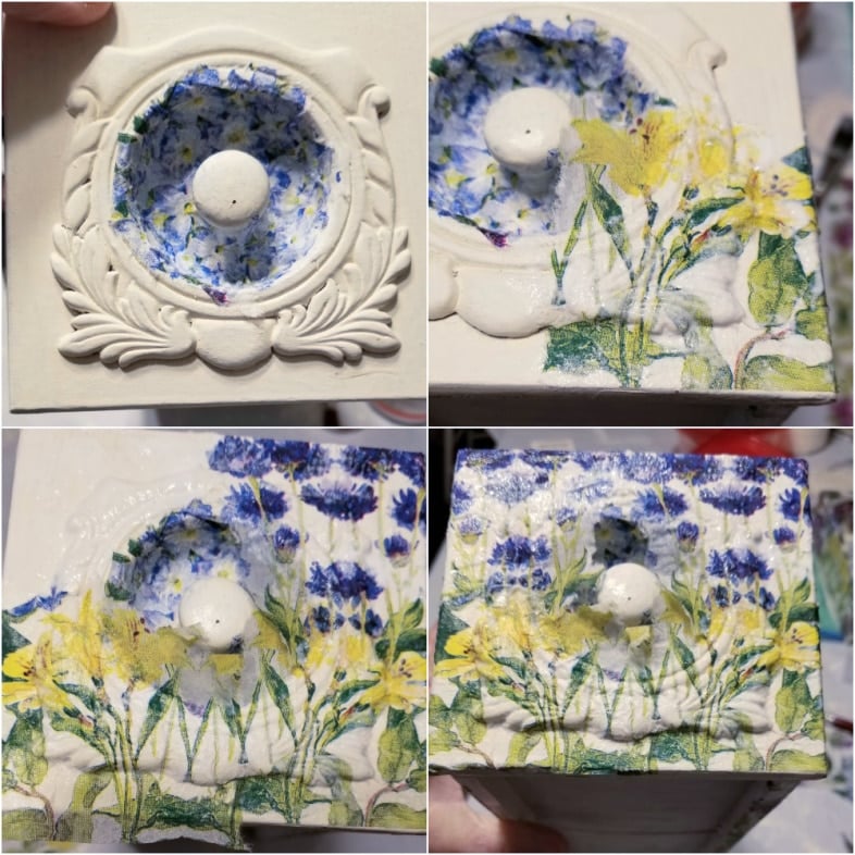 image showing a 4 step process of collaging a napkin on the front of a sewing drawer