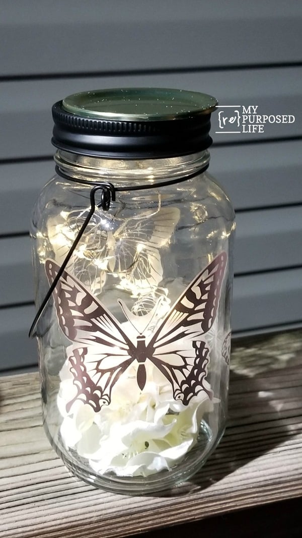 mason jar luminary with butterfly stickers MyRepurposedLife