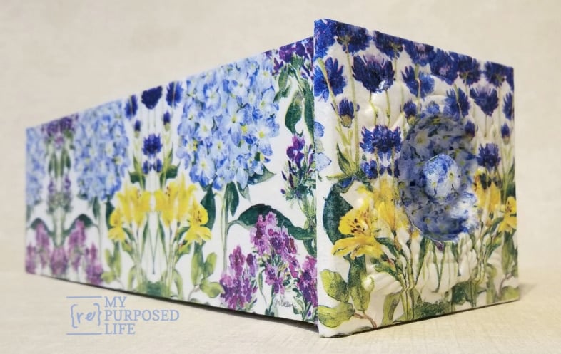 sewing drawer decoupage with hydrangea napkins MyRepurposedLife