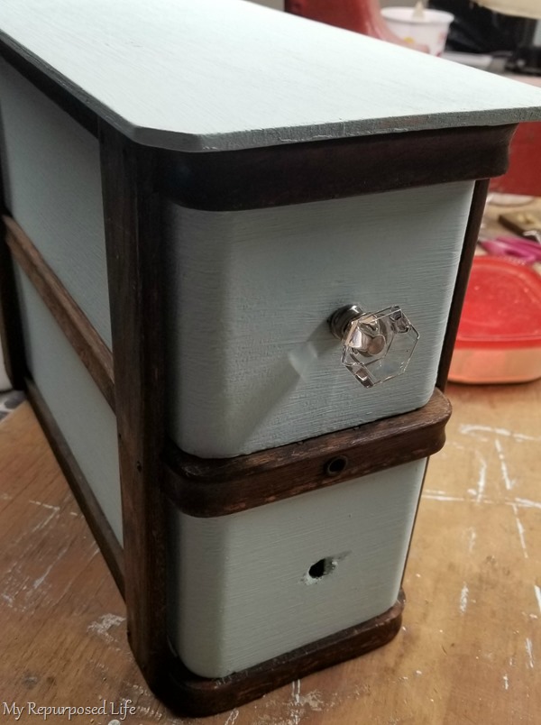 testing out top and knob on antique sewing drawer set