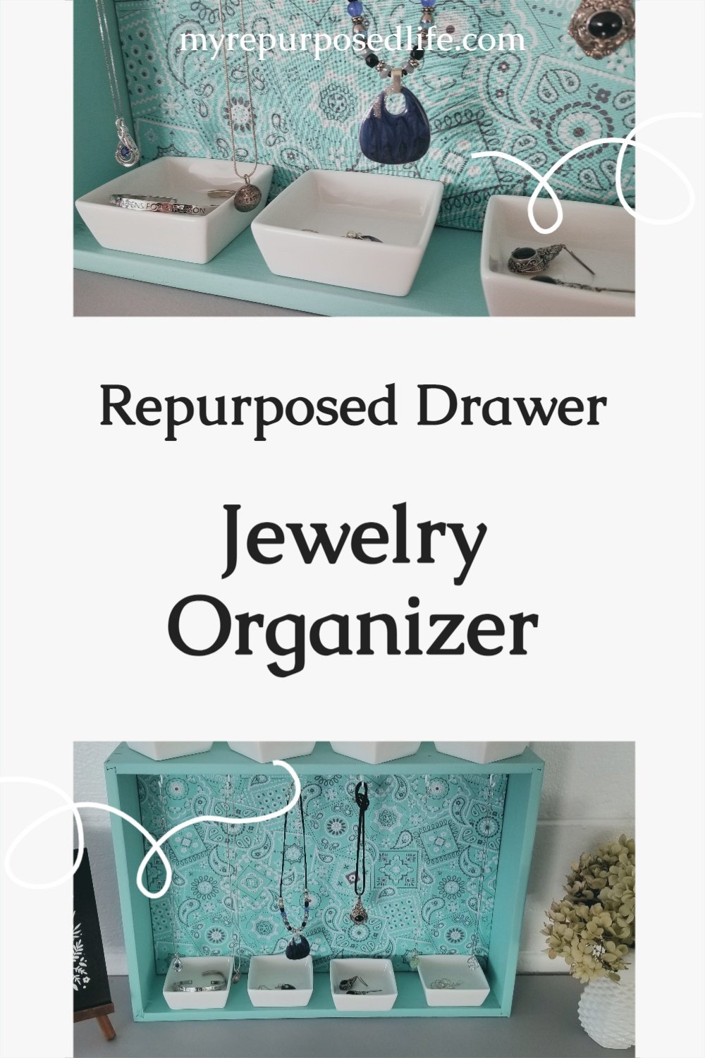 How to make your own repurposed drawer jewelry organizer. I used an old drawer, but you could easily customize this project by making a box out of 1x4's. This jewelry organizer can hang on the wall or rest on a dresser. The small white dishes are perfect for holding smaller items such as earrings or bracelets. #MyRepurposedLife #repurposed #furniture #drawer #jewelry #organizer #diy #project via @repurposedlife
