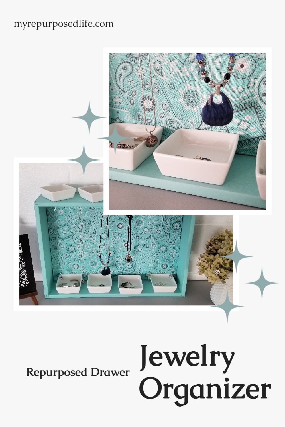 How to make your own repurposed drawer jewelry organizer. I used an old drawer, but you could easily customize this project by making a box out of 1x4's. This jewelry organizer can hang on the wall or rest on a dresser. The small white dishes are perfect for holding smaller items such as earrings or bracelets. #MyRepurposedLife #repurposed #furniture #drawer #jewelry #organizer #diy #project via @repurposedlife