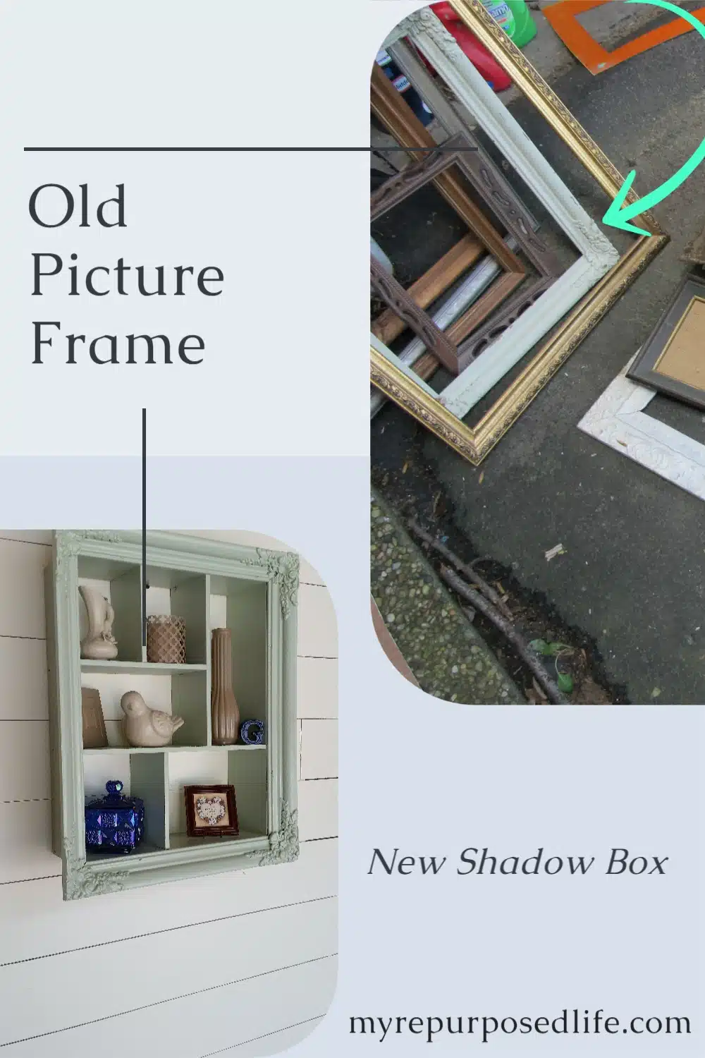 How to use an ornate picture frame and drawer pieces to make a divided shadow box that can be hung on the wall four different ways. Step by step directions to help you do it yourself. Adding spray painted thrift store decor items makes this a fun and frugal project. #MyRepurposedLife #thrift #pictureframe #repurposed #shadowbox via @repurposedlife