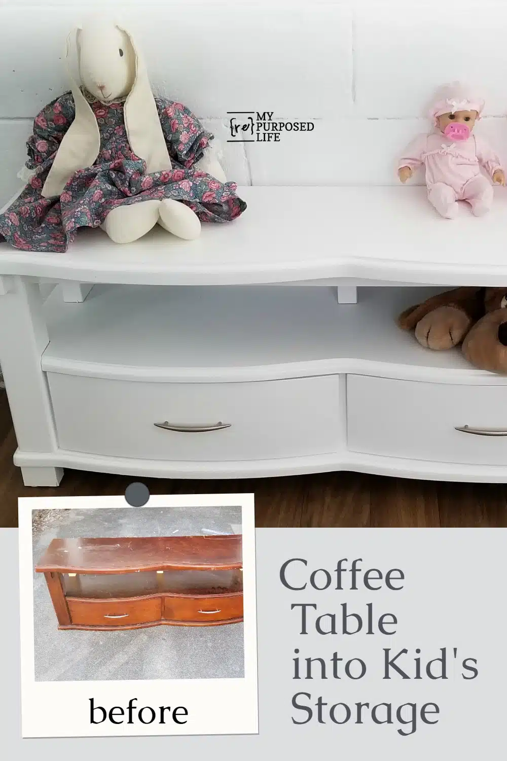 Wow! When you have a free over sized coffee table, wouldn't you cut it in half to make 2 benches? The first bench is perfect for a kid's storage bench. Room for toys, books and more. The shiny white semi-gloss paint will go with any decor. Complete directions on how to cut a cheap coffee table and make it strong enough to sit on. #MyRepurposedLife #repurposed #furniture #kids #bench #storage #organization via @repurposedlife