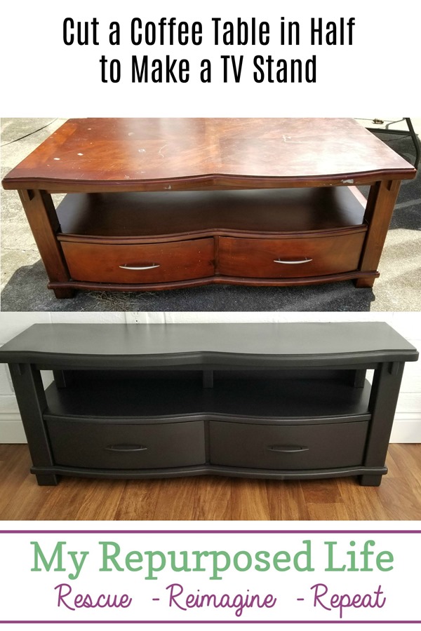 Cutting a large coffee table in half netted me 2 great projects. The first one being a kid's bench with storage. This one would be perfect for a TV stand. It's amazing the difference that paint makes. The second project looks so much more chic. #MyRepurposedLife #repurposed #furniture #diy #tvstand via @repurposedlife