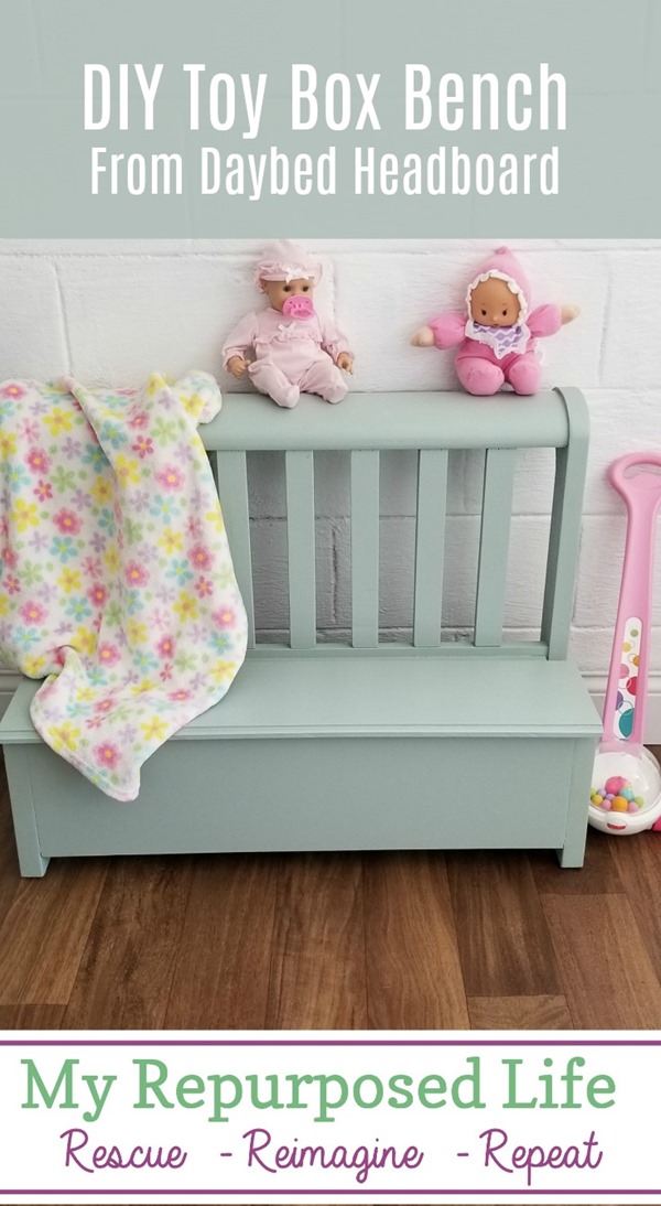 This sweet toy box bench was made from the end of a daybed. Because it sets so low, the only bench option was for a small child. If I make a bench, why not give it storage? Do you love the color? #MyRepurposedLife #repurposed #furniture #bed #headboard #kids #toybox #bench via @repurposedlife