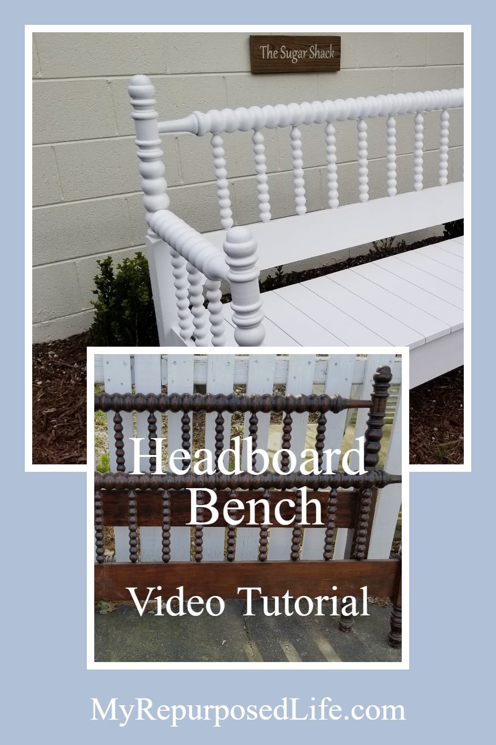 How to make a headboard bench out of a Jenny Lind bed using five basic power tools you may already have. Step by step directions will guide you through this weekend project. #MyRepurposedLife #5toolchallenge #repurposed #furniture #headboard #bench via @repurposedlife