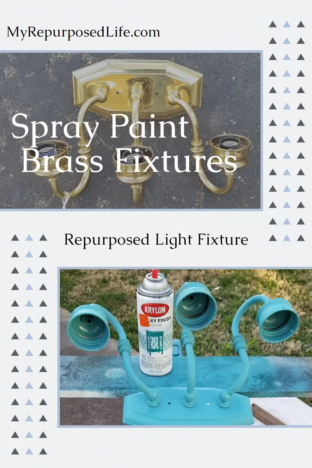 Thrifted brass vanity light gets a new look with spray paint. It even gets a new purpose as a solar light sconce for a backyard camper retreat. What a great way to add color and lighting. Choosing the right solar lights has proven to be a challenge, but I will win out in the end! #MyRepurposedLife #brass #light #repurposed #spraypaint #solar via @repurposedlife