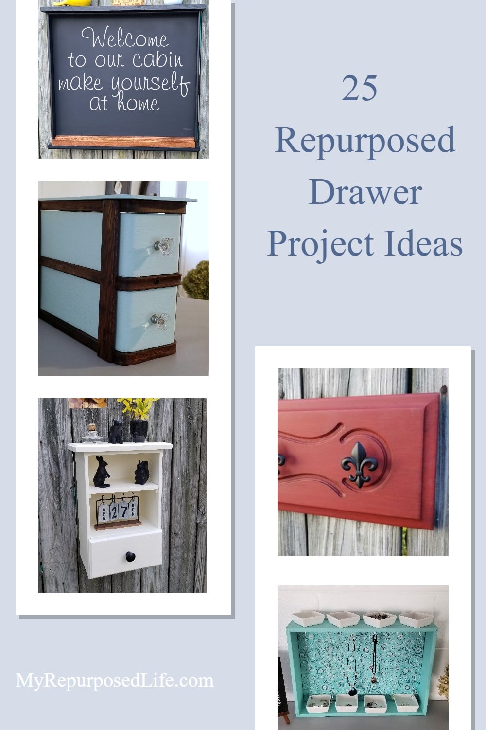 More than 25 repurposed drawer ideas and projects to inspire you to use those old, orphan drawers you have laying around. So many unique ideas in one place. Ideas for shelves, cubbies, pets and more. #MyRepurposedLife #repurposed #drawer #furniture #ideas via @repurposedlife