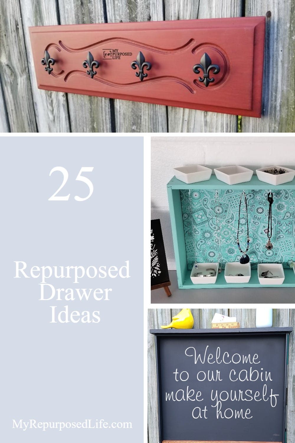 More than 25 repurposed drawer ideas and projects to inspire you to use those old, orphan drawers you have laying around. So many unique ideas in one place. Ideas for shelves, cubbies, pets and more. #MyRepurposedLife #repurposed #drawer #furniture #ideas via @repurposedlife