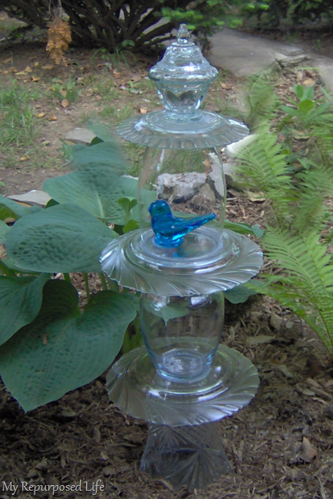 repurposed glassware lawn topiary garden totem
