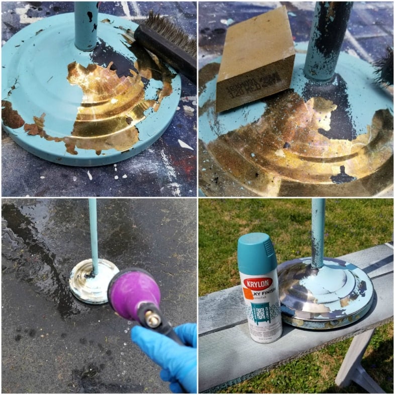 collage of images working on cleaning up repurposed lamp