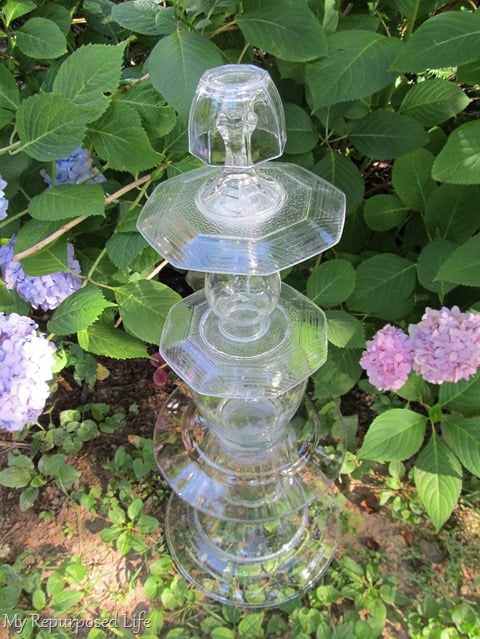 repurposed glassware garden totem