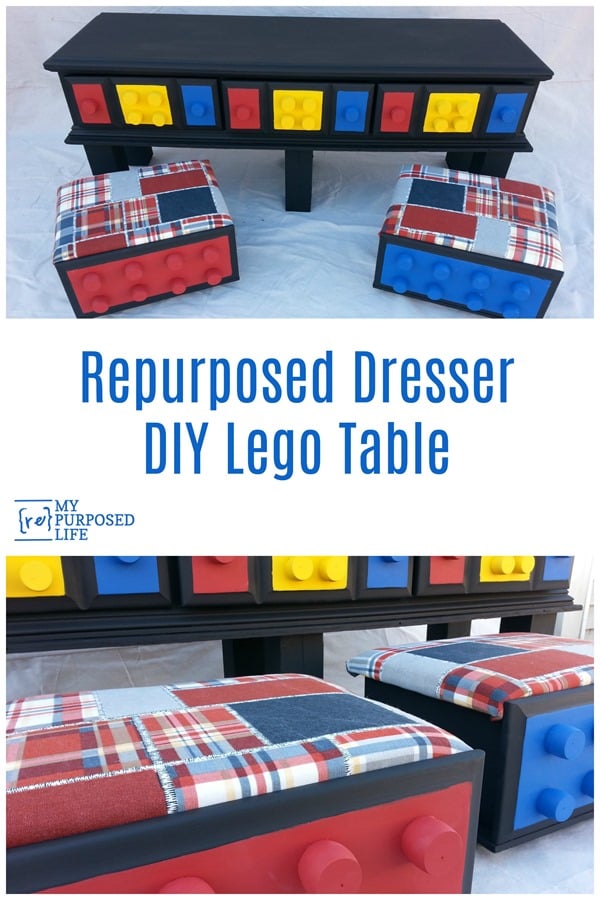 How to use an old dresser to make a great new diy lego table with storage and rolling seats. Yes! Repurpose the drawers for the seats. Crib spindles make the perfect nubby lego drawer knobs. #MyRepurposedLife #repurposed #furniture #dresser #kids #storage #solutions #lego via @repurposedlife