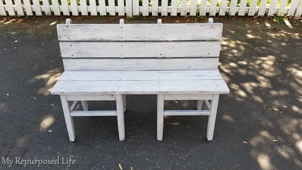 repurposed garden bench painted gray