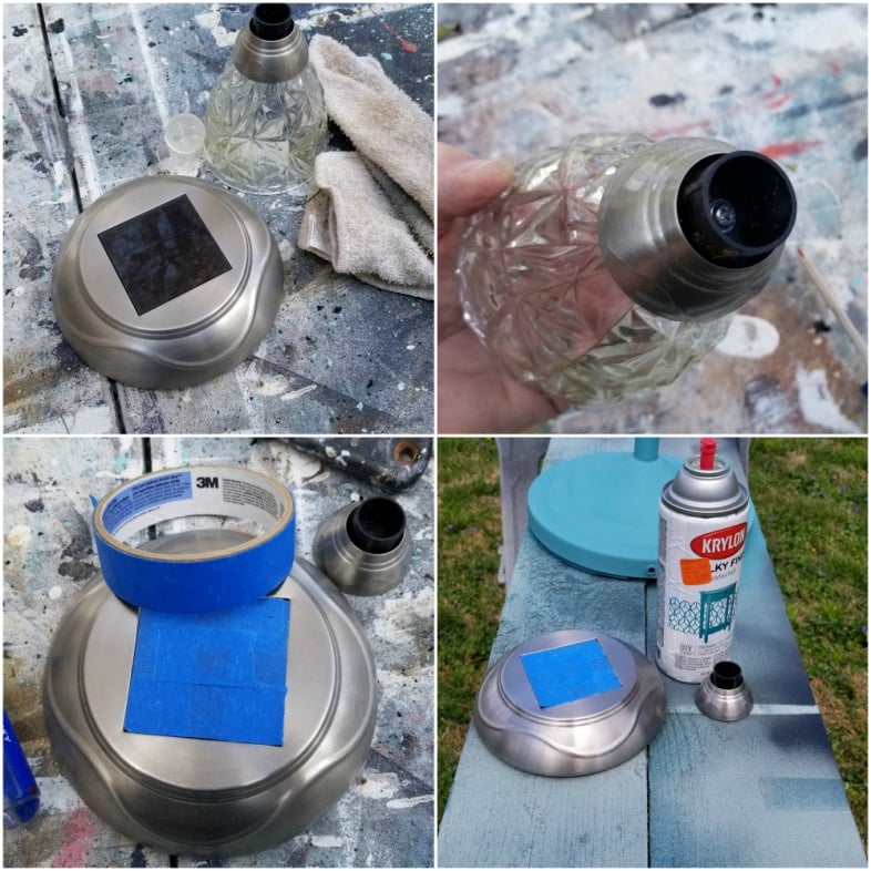 a collage showing steps to spray paint a solar light