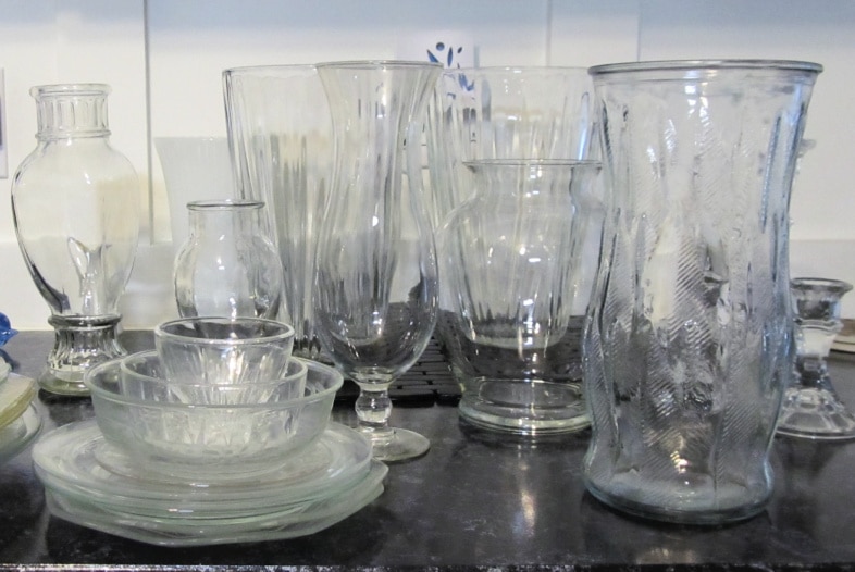 thrift store glassware sitting on kitchen counter