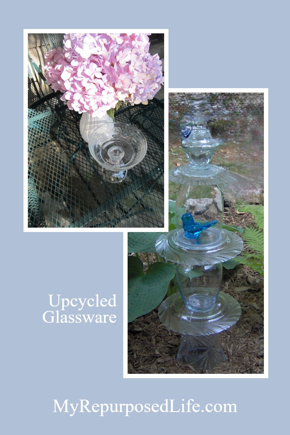 Collecting glassware can be addictive! But, it's a lot of fun and can be very rewarding when you have a lot of unique pieces to choose from when you make your repurposed glass totems. It really is a great way to upcycle all those glass vases you may already have on hand. #MyRepurposedLife #repurposed #glassware #garden #totem #upcycled via @repurposedlife