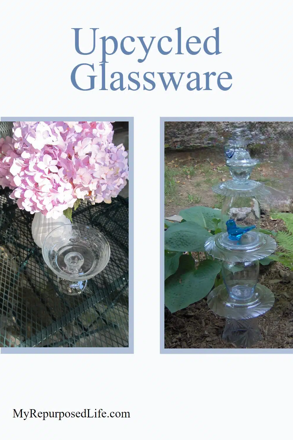 Collecting glassware can be addictive! But, it's a lot of fun and can be very rewarding when you have a lot of unique pieces to choose from when you make your repurposed glass totems. It really is a great way to upcycle all those glass vases you may already have on hand. #MyRepurposedLife #repurposed #glassware #garden #totem #upcycled via @repurposedlife
