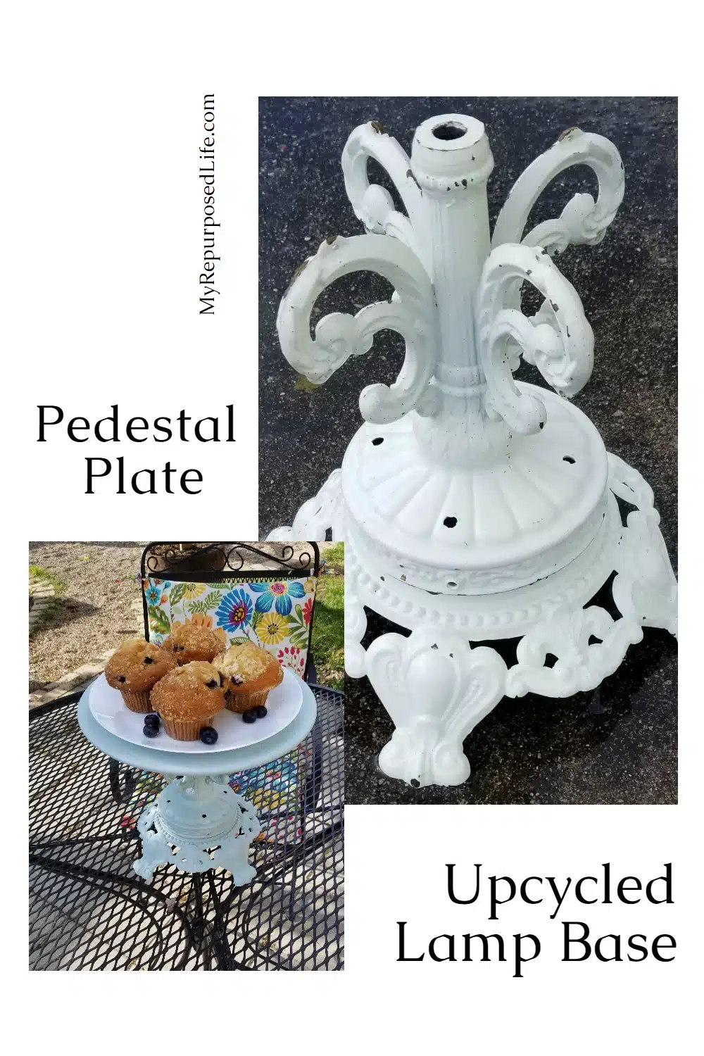 Using a former lamp base and a wooden platter, this easy project came together very quickly. Chalk spray paint made it match and look like it was always this way. Add a dinner plate, or use it without it. Either way, it's so pretty and handy. #MyRepurposedLife #repurposed #lamp #base #pedestal #platter via @repurposedlife