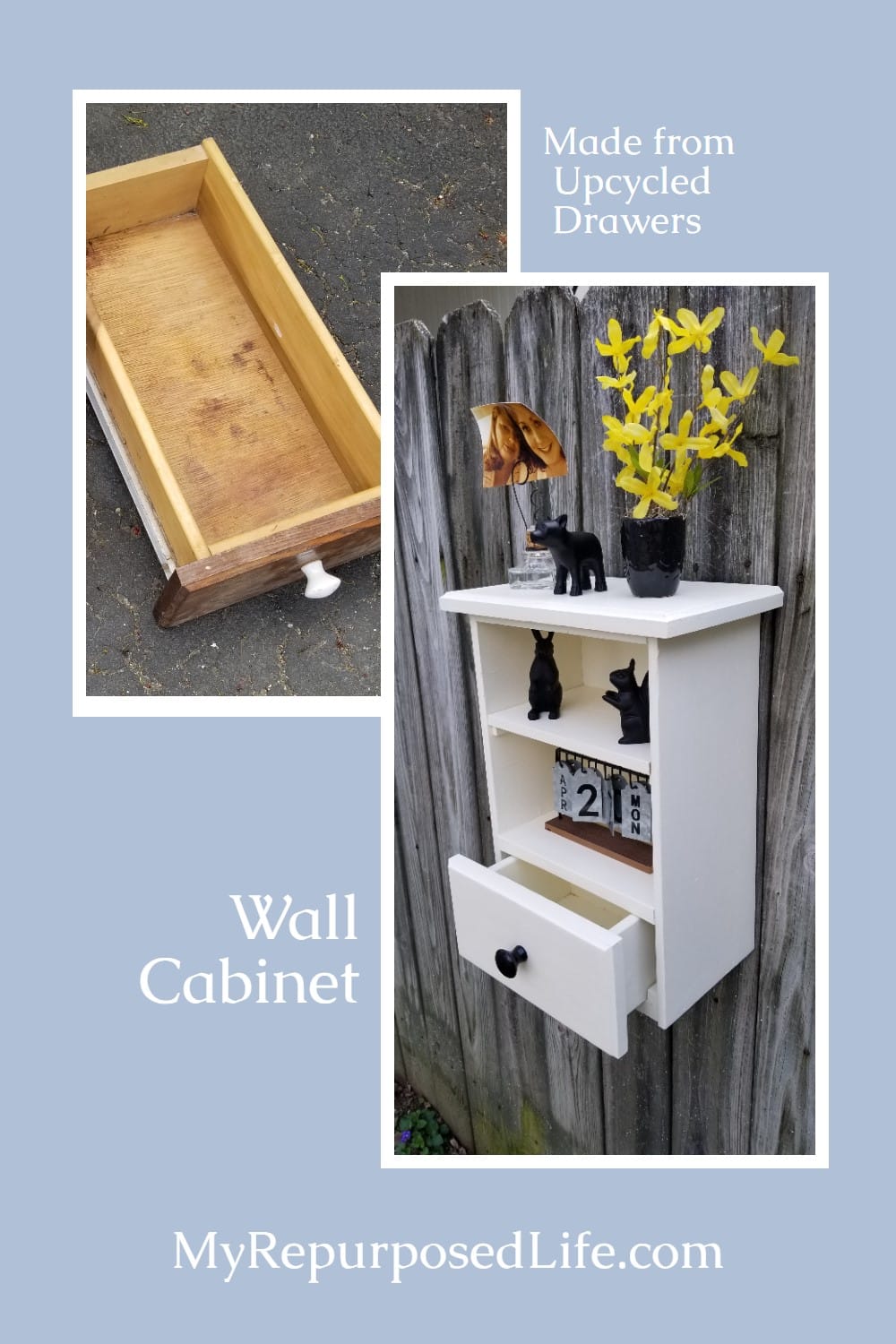 How to make a wall cabinet out of repurposed drawers. Use one drawer vertically, cut the other drawer down to size and voila! You have an awesome display cabinet with a drawer. Directions for you to make something similar! Repurpose those drawers you have hanging around. #MyRepurposedLife #repurposed #furniture #drawers #cabinet #homedecor via @repurposedlife