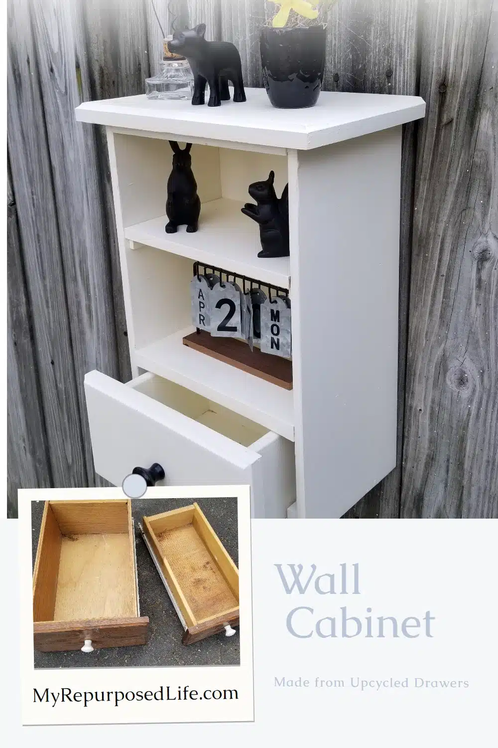 How to make a wall cabinet out of repurposed drawers. Use one drawer vertically, cut the other drawer down to size and voila! You have an awesome display cabinet with a drawer. Directions for you to make something similar! Repurpose those drawers you have hanging around. #MyRepurposedLife #repurposed #furniture #drawers #cabinet #homedecor via @repurposedlife