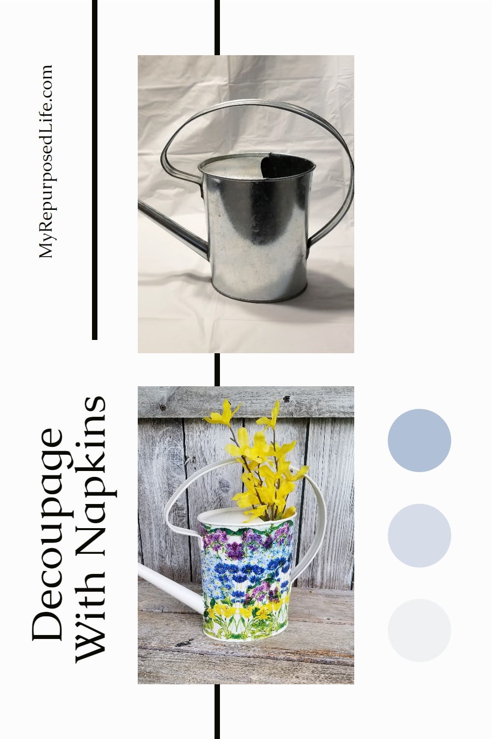 How to decoupage a watering can using pretty floral napkins. This easy craft can be done in just a couple of hours. Do more than one to make a set. Great for displaying cut flowers indoors. #MyRepurposedLife #repurposed #wateringcan #decoupage #craft via @repurposedlife