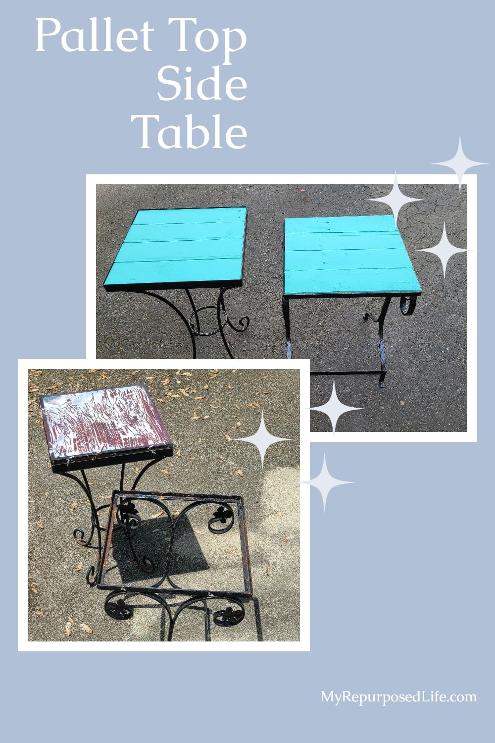 Pallet Top Side Tables for Outdoors is a complete tutorial on how to repurpose a metal side table by adding a new pallet table top. Do It Yourself! #MyRepurposedLife #repurposed #pallet #tables #outdoors #DIY via @repurposedlife
