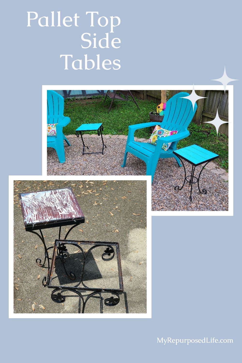 Pallet Top Side Tables for Outdoors is a complete tutorial on how to repurpose a metal side table by adding a new pallet table top. Do It Yourself! #MyRepurposedLife #repurposed #pallet #tables #outdoors #DIY via @repurposedlife