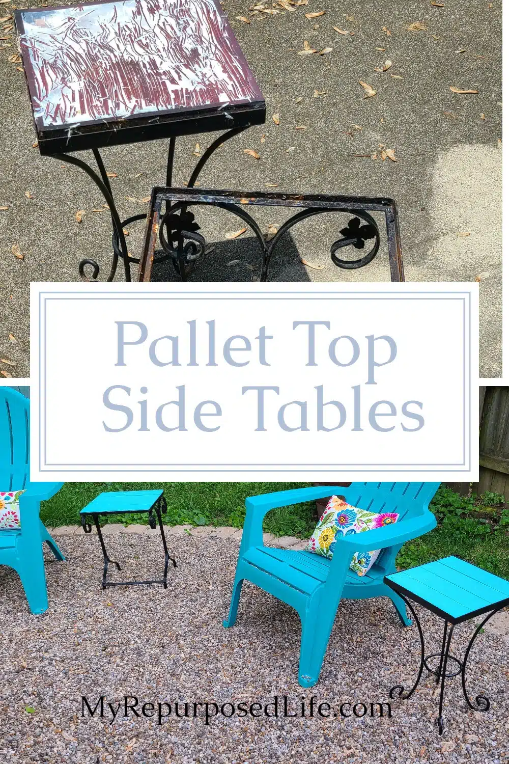 Pallet Top Side Tables for Outdoors is a complete tutorial on how to repurpose a metal side table by adding a new pallet table top. Do It Yourself! #MyRepurposedLife #repurposed #pallet #tables #outdoors #DIY via @repurposedlife