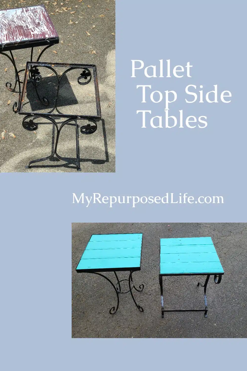 Pallet Top Side Tables for Outdoors is a complete tutorial on how to repurpose a metal side table by adding a new pallet table top. Do It Yourself! #MyRepurposedLife #repurposed #pallet #tables #outdoors #DIY via @repurposedlife