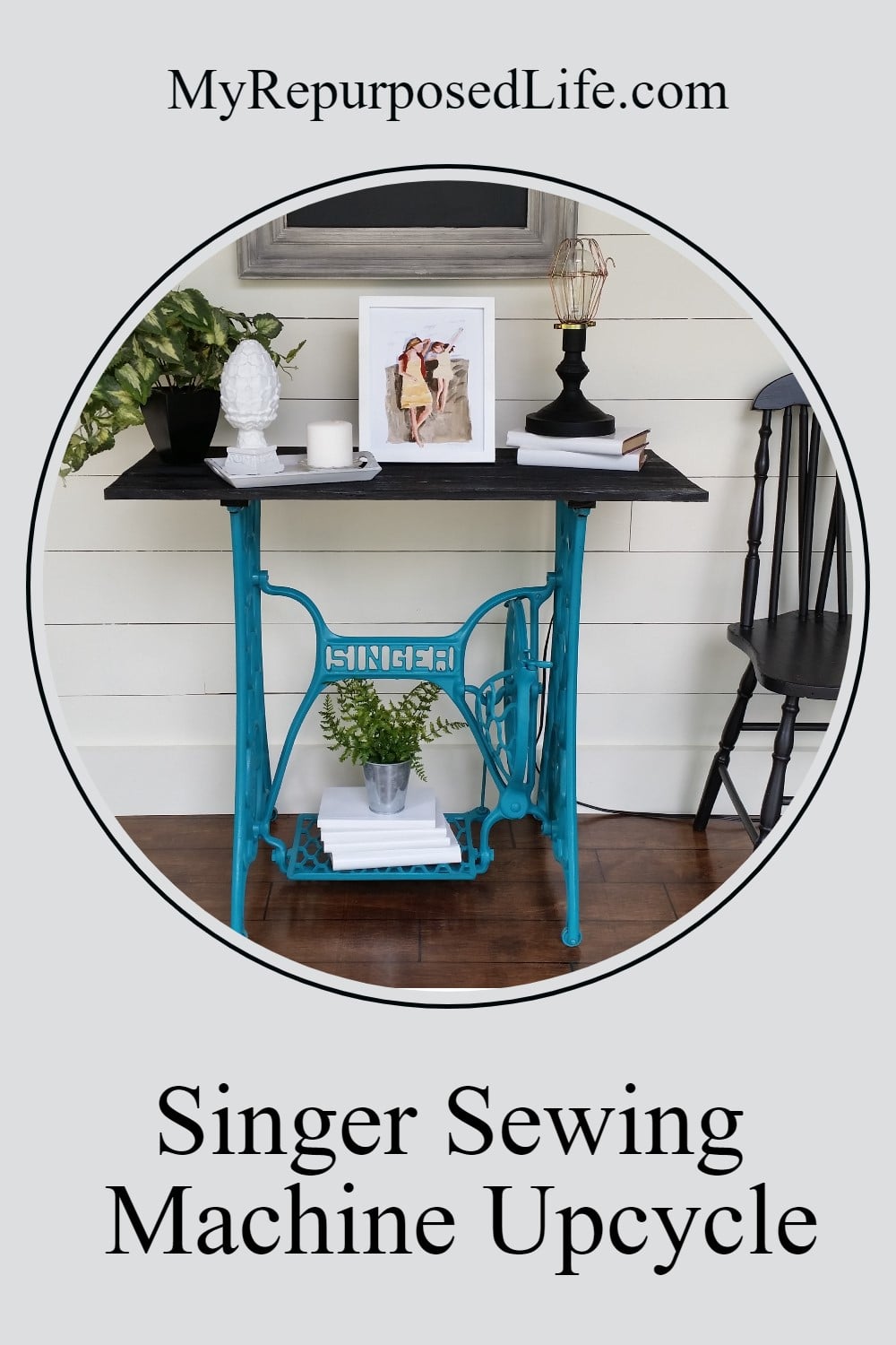 How to make a sofa table or hall table out of a singer sewing machine. Tips on painting and adding a table top. This is not for your grandma's sewing machine. This machine was in very rough shape. #MyRepurposedLife #repurposed #furniture #singer #sewingmachine via @repurposedlife