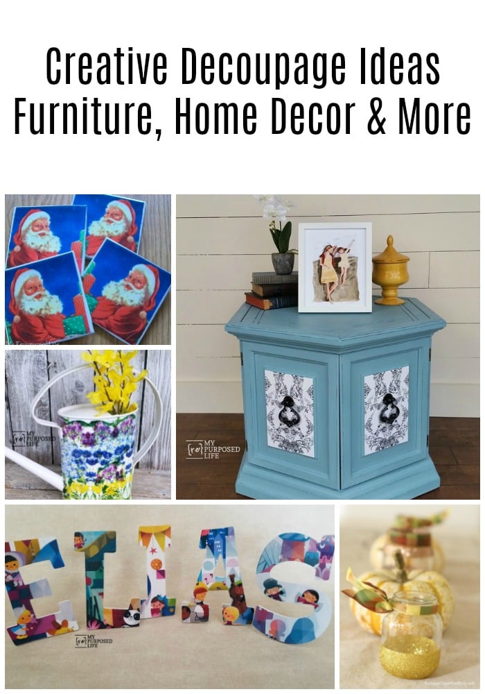 This collection of creative decoupage projects will have you scratching your head, asking why you haven't done some decoupage lately. It's so easy to do! So, grab some white glue or Mod Podge and get busy on some furniture or home decor items. #MyRepurposedLife #decoupage #ideas #homedecor #furniture #diy via @repurposedlife