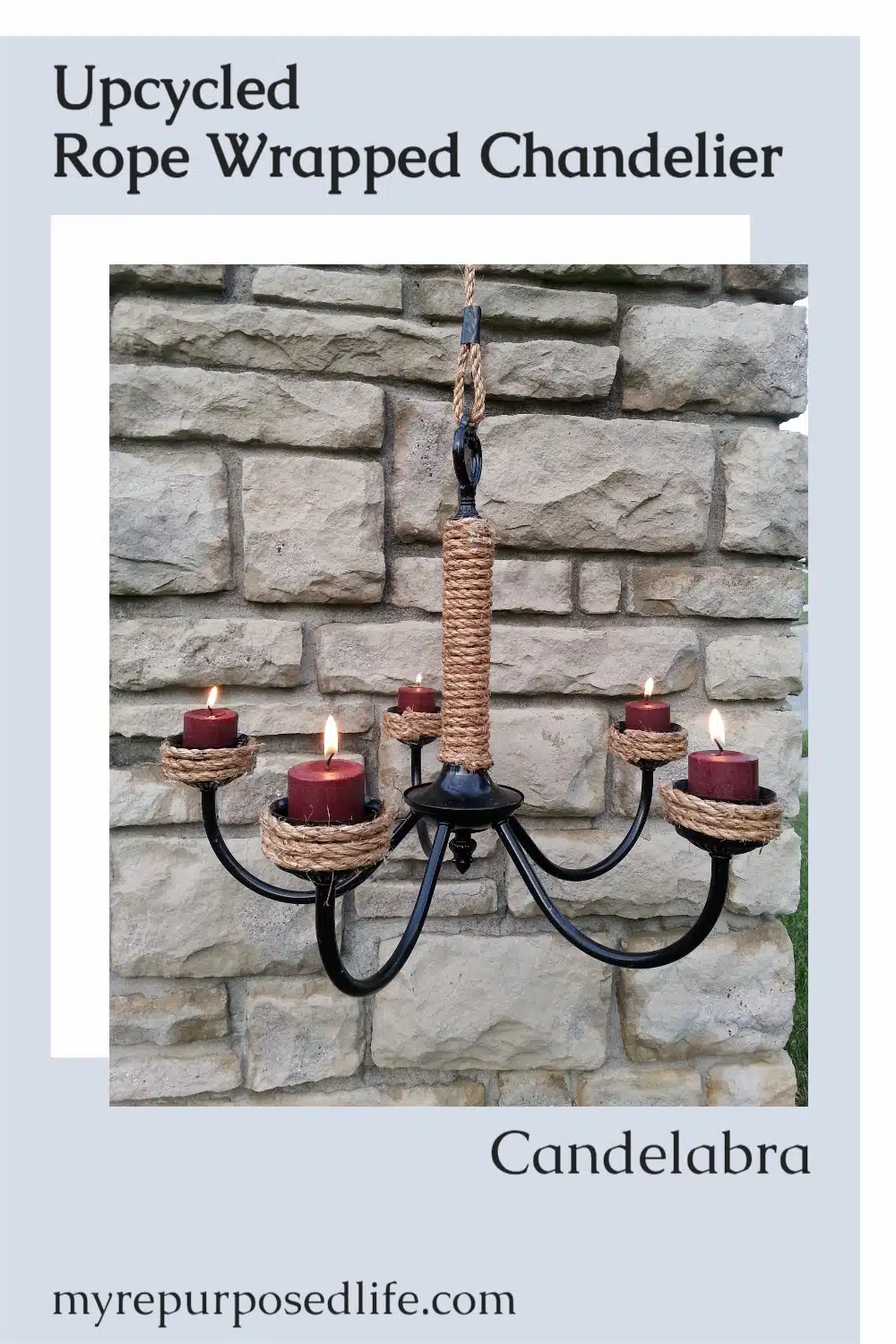 Using a thrift store chandelier, you can make this rope wrapped candelabra. Instead of candles, you could use solar lights. See more ideas for chandeliers while visiting this tutorial. #MyRepurposedLife #repurposed #chandelier #candelabra #outdoor #patio #lighting via @repurposedlife