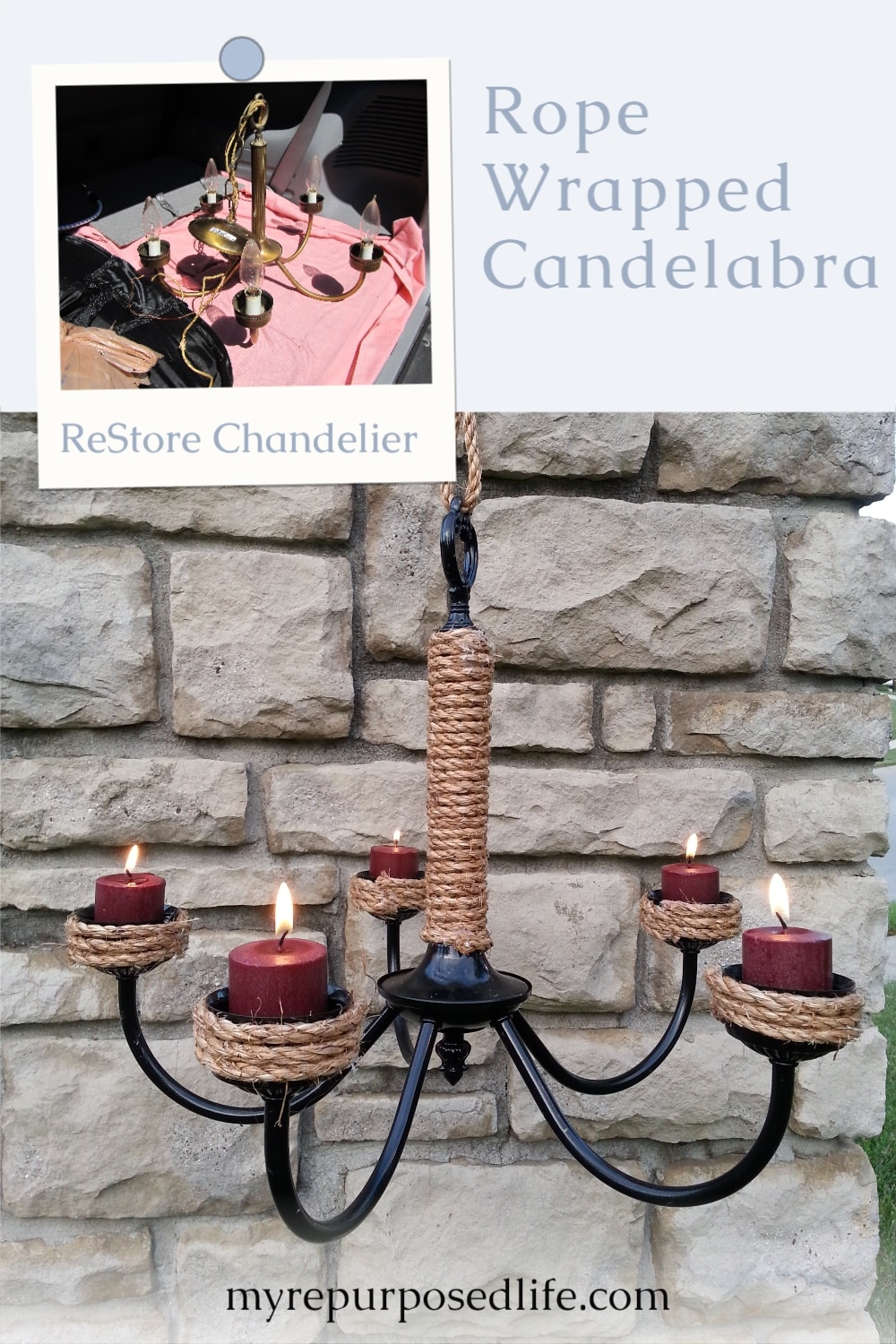 Using a thrift store chandelier, you can make this rope wrapped candelabra. Instead of candles, you could use solar lights. See more ideas for chandeliers while visiting this tutorial. #MyRepurposedLife #repurposed #chandelier #candelabra #outdoor #patio #lighting via @repurposedlife