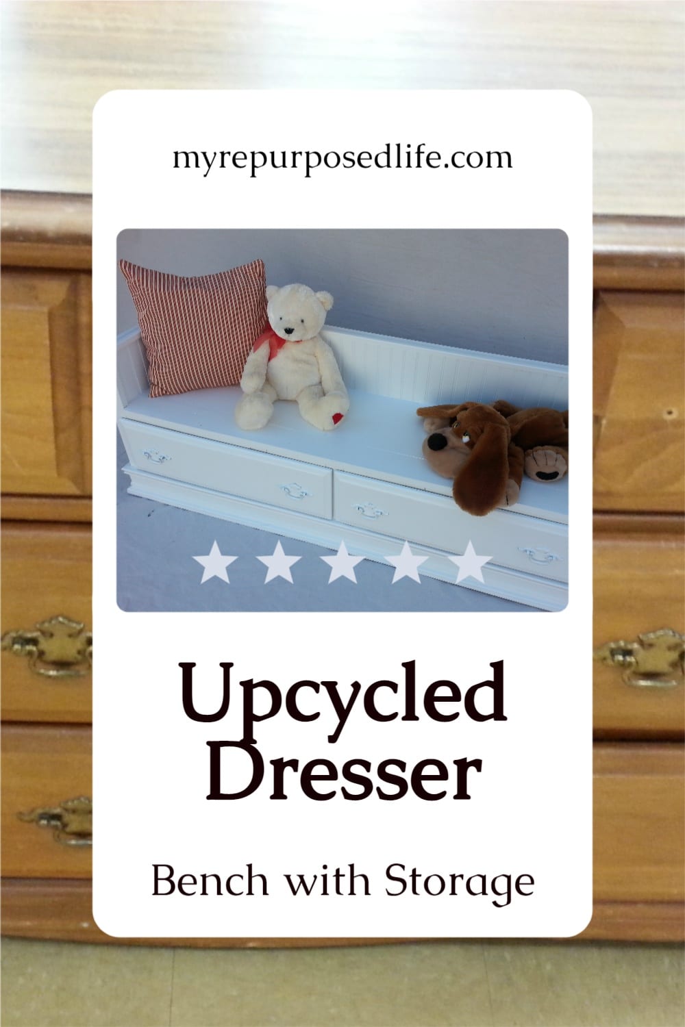 Use an old (cheap) dresser to repurpose into a bench with storage, perfect for the kids! Step by step directions included so you can do this project yourself. #MyRepurposedLife #repurposed #dresser #bench #kids #furniture via @repurposedlife