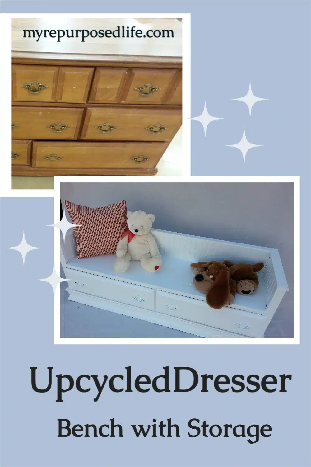 Use an old (cheap) dresser to repurpose into a bench with storage, perfect for the kids! Step by step directions included so you can do this project yourself. #MyRepurposedLife #repurposed #dresser #bench #kids #furniture via @repurposedlife