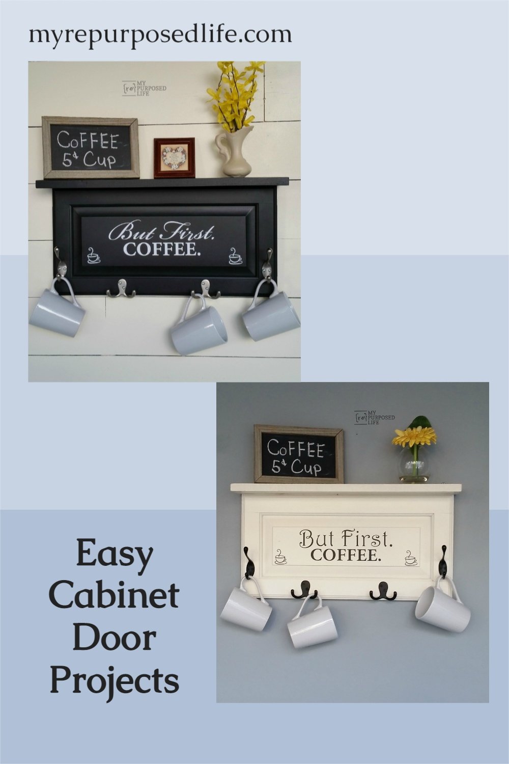 How to turn old cabinet doors into shelves or signs. Perfect home decor for coffee lovers. Coffee Cup Rack ideas for your kitchen. Step by step directions and tips to make your own shelf this weekend. #repurposed #cabinetdoor #coffeelovers #shelf #kitchen #decor #MyRepurposedLife via @repurposedlife