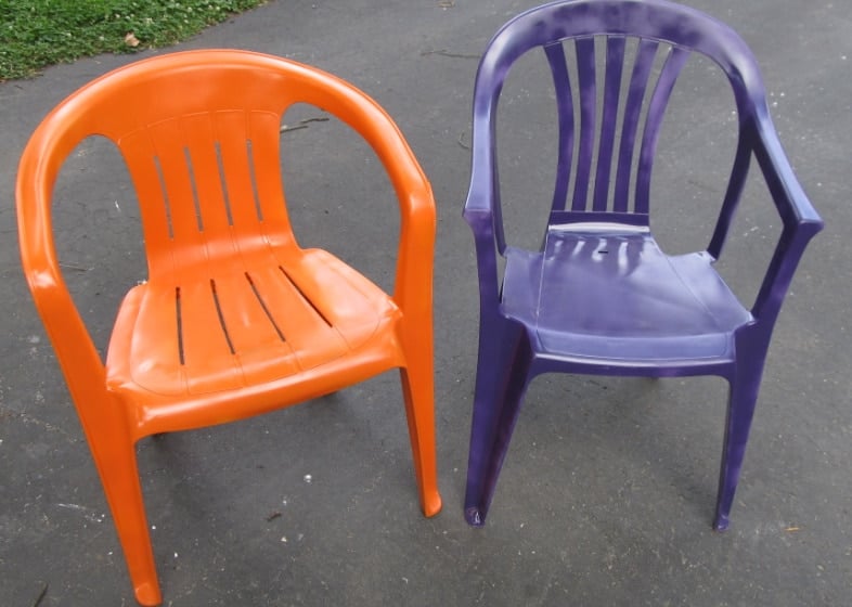 painted plastic patio chairs, orange and purple